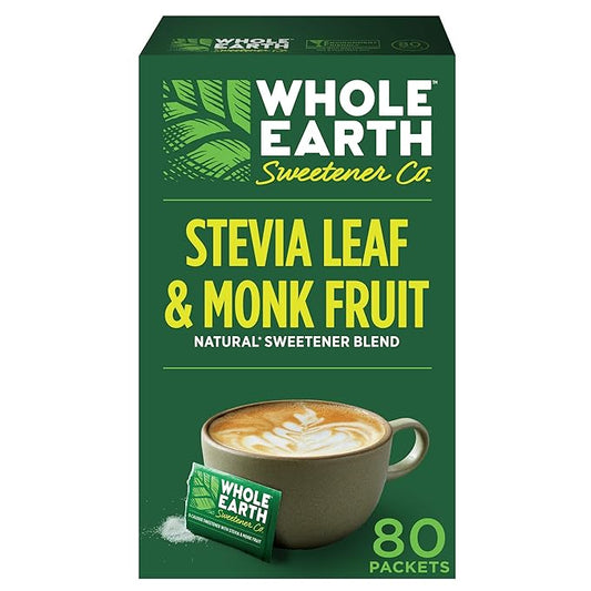 Whole Earth Sweetener Co. Stevia Leaf and Monk Fruit Sweetener, Erythritol Sweetener, Sugar Substitute, Zero Calorie Sweetener, 80 Packets (Pack of 2)