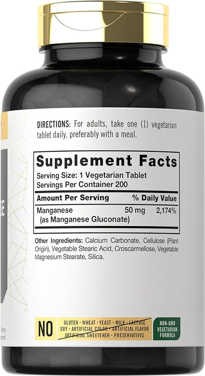 Carlyle Chelated Manganese | 200 Tablets | Vegetarian, Non-GMO, Gluten Free Supplement