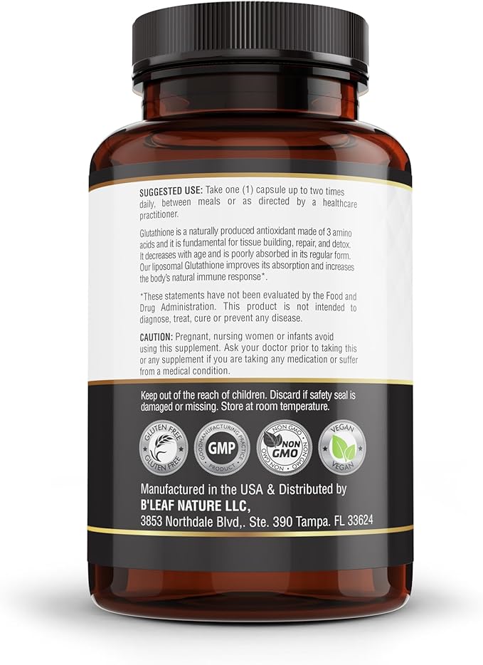 B'LEAF NATURE Pure Fusion of Liposomal Glutathione & Vitamin C Capsules - Better Absorption, Age-Defying Antioxidant for Immune Boost & Radiant Skin Health - Natural & Organic - 60 Count