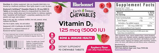 Bluebonnet Nutrition Earth Sweet Vitamin D3 5000 IU Chewable Tablets, Aids in Muscle & Skeletal Growth, Non GMO, Gluten & Soy & Milk Free, Kosher, Raspberry, White, 90 Count