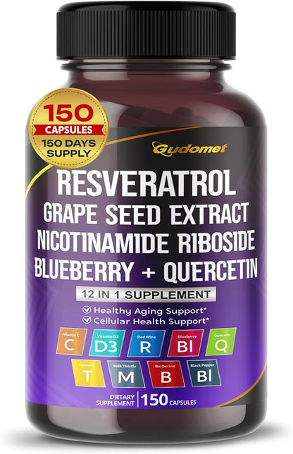 Trans-Resveratrol Grape Seed Extract Nicotinamide Riboside Blueberry Quercetin Turmeric Milk Thistle Berberine - Healthy Aging - 150 Capsules- Made in USA