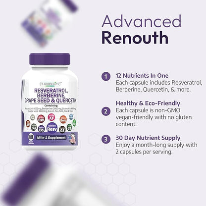 Premium Resveratrol 6000mg Berberine 3000mg Grape Seed Extract 3000mg Quercetin 4000mg Green Tea Extract 50 mg 60 Soft Capsules for Men and Women Made in USA…