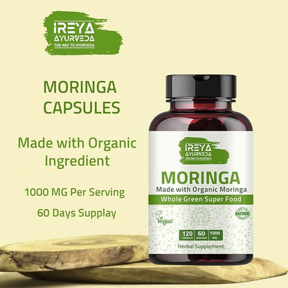 Organic Moringa Capsule 1000 mg (120 Capsules), Moringa Capsules Made from Organic Raw Dried Moringa Leaf Powder | Non-GMO Whole Green Super Food Nutrition 60 Days Supply