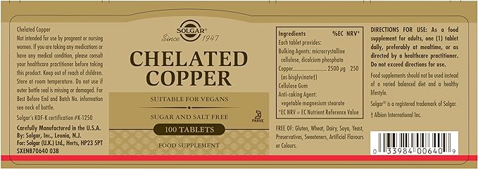 Solgar Chelated Copper Tablets, 100 Count