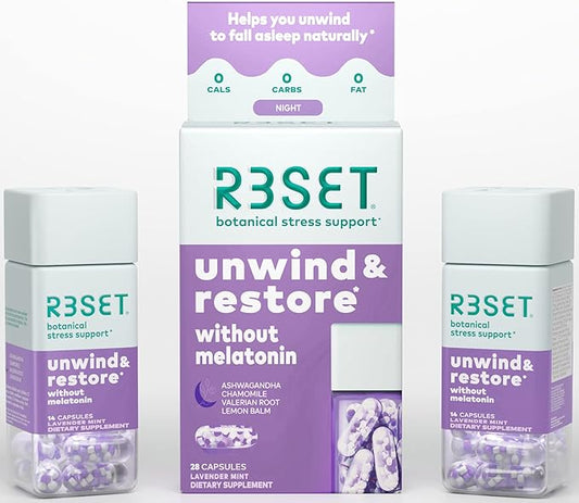 R3SET Unwind & Restore Nighttime Stress Relief & Sleep Aid Support, Melatonin-Free Daily Supplement– Ashwagandha, Chamomile, Valerian Root, Lemon Balm, GABA, 5-HTP, Vitamin D3, 28 Capsules