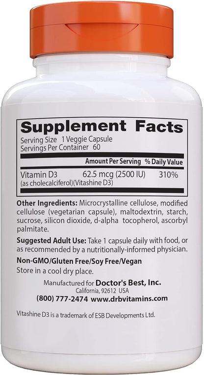 Doctor's Best Vitamin D3 2500IU with Vitashine D3, Non-GMO, Vegan, Gluten & Soy Free, Regulates Immune Function, Supports Healthy Bones, 60 Count