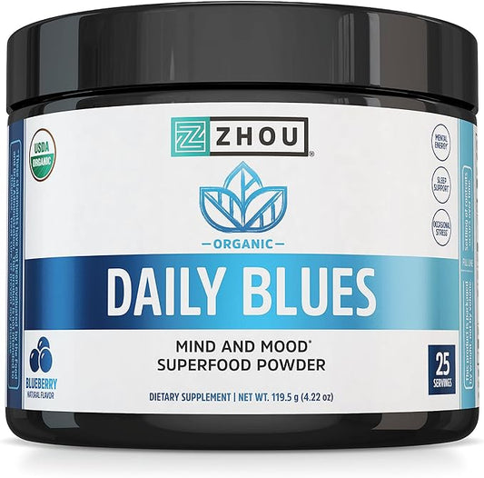 Zhou Nutrition USDA Organic Blue Spirulina Powder with KSM-66 Ashwagandha and Blueberry, Organic Superfood Powder, Antioxidants, Fiber, Mental Energy, Sleep, Digestion, Non-GMO, Vegan, 25 Servings