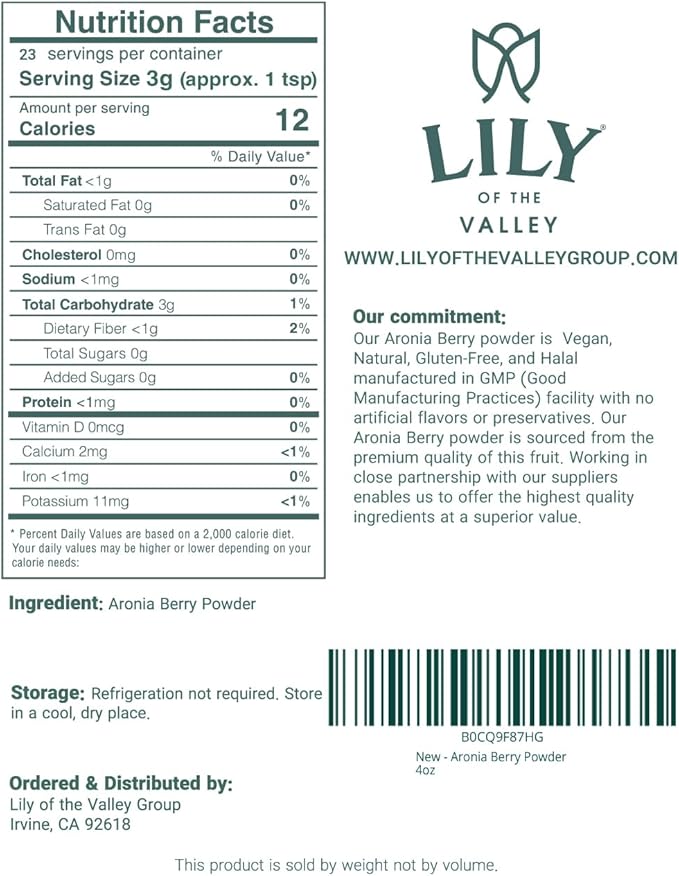 Lily of the Valley Aronia Berry Powder - Ideal for Smoothies & Shakes - Superfood Berry - High in Flavonoids - Water Soluble - Vegan & Gluten-Free - Packed in Resealable Pouch (4oz, 113g)