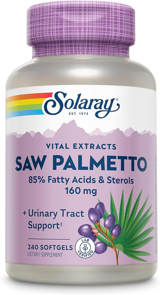 SOLARAY Saw Palmetto Extract - Prostate Health and Urinary Tract Support - 136 mg Fatty Acids and Sterols - Lab Verified, 60-Day Money-Back Guarantee (240 Servings, 240 Softgels)