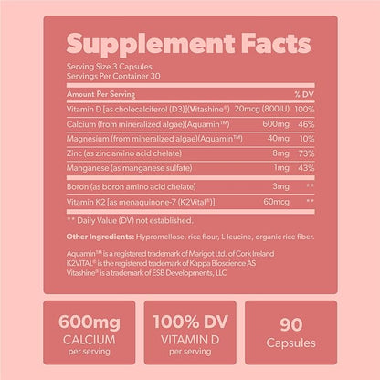 Calcium Supplement - Whole Food with Vitamin K2 & D3, Magnesium, Zinc, Boron, Mineral Complex. Sourced Sustainably from Red Algae. for Bone Strength and Support. Non-GMO & Vegan 90 Capsules.