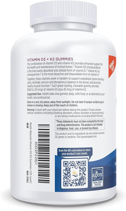 Nordic Naturals Vitamin D3 + K2 Gummies, Pomegranate - 120 Gummies - 1000 IU Vitamin D3 + 45 mcg Vitamin K2 - Great Taste - Bone Health, Promotes Healthy Muscle Function - Non-GMO - 120 Servings