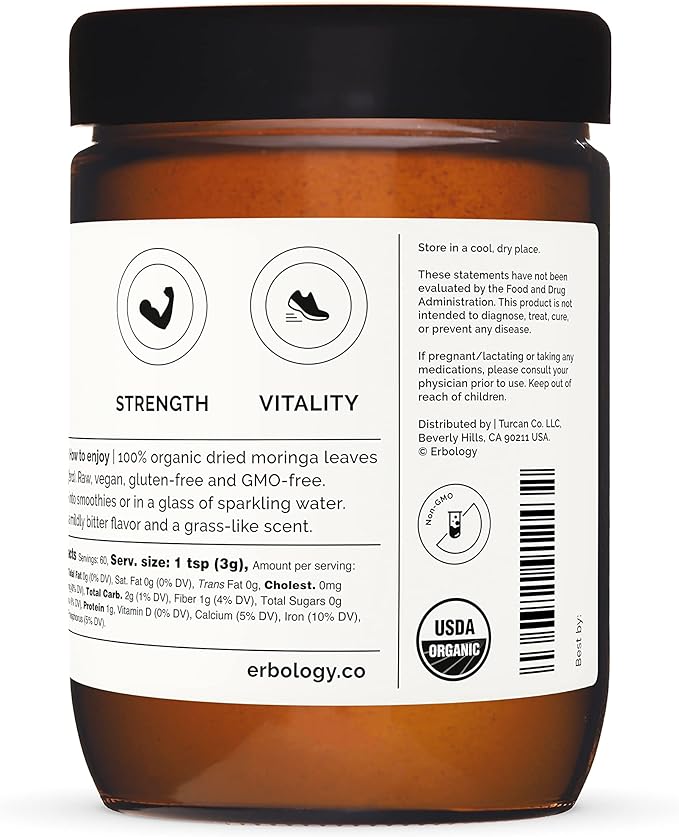 Erbology Organic Moringa Leaf Powder 3.2 oz - 45 Servings - Body Cleansing - Immunity Support - Rich in Iron - Sustainably Sourced Straight from Farm in India - Small Batch - Vegan - GMO-Free