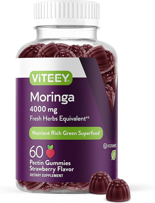 Moringa Gummies for Adults & Teens - Moringa Leaf Extract 4000mg - Immune Support, Energy Booster, Better Mood Support - Chewable Green Superfood - Vegan, Gelatin Free - Strawberry Flavored Gummy