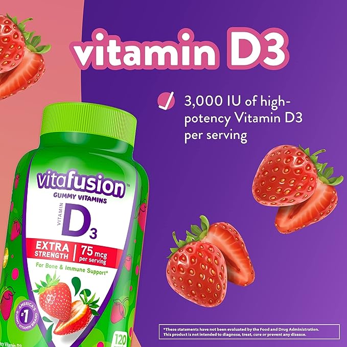 Vitafusion Extra Strength Vitamin D3 Gummy Strawberry Flavored Bone & Immune Support (120 Count) + Cranberry Gummies for Women Urinary Health Support (60 Count)