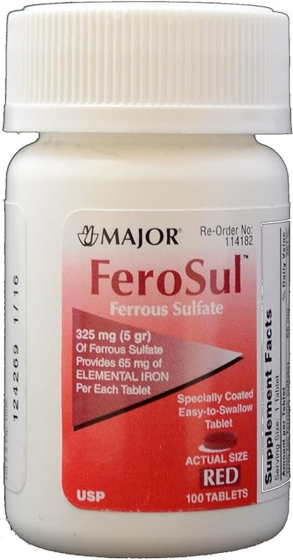 Ferrous Sulfate FC 325mg (5GR) Generic for Feosol Red Tablets 100 Tablets per Bottle 3 Pack Total 300 Tablets