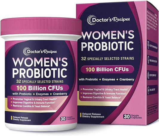 Doctor's Recipes Probiotics for Women, 100 Billion CFU 32 Strains, with Prebiotic Fiber, Enzymes & Cranberry, Vaginal Urinary Digestive & Immune, No Yeast, Shelf Stable, Delayed Release, 30 Caps