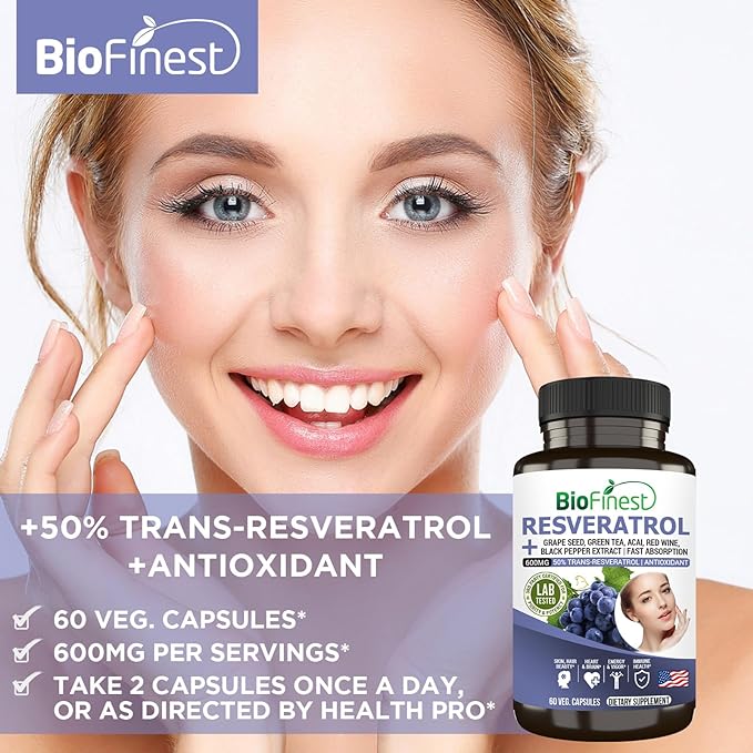 Resveratrol 1200mg Supplement - 50% Trans Resveratrol Antioxidant - Acai Berry Grape Seed Green Tea Black Pepper Red Wine Extract - Skin Beauty Brain Heart - Made in USA (60 Veg. Capsules)