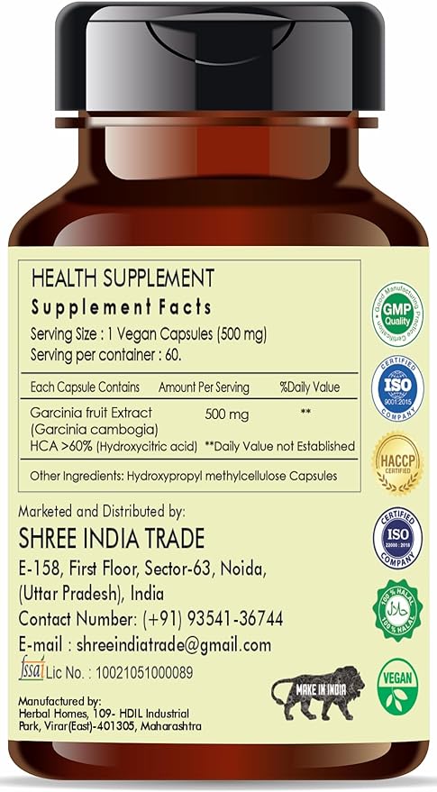 Garcinia Extract 500mg - 60 Vegan Caps | Garcinia Cambogia | All Natural | 100% Vegan | Gluten-Free | GMP Certified