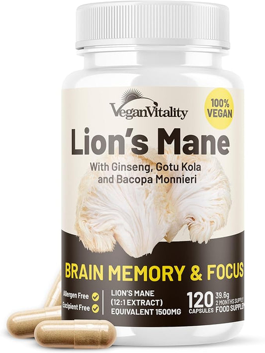 Lions Mane Mushroom Supplement Capsules Complex - Nootropic Brain Support Supplement, Lions Mane Extract - 120 Vegan Bacopa Monnieri, Gotu Kola, Ginseng Capsules - Focus Memory Support