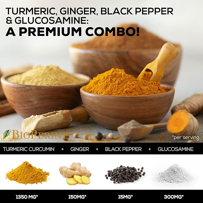 Turmeric Curcumin with BioPerine, Ginger & Glucosamine 95% Curcuminoids 2000mg Black Pepper for Max Absorption Joint Support, Nature's Tumeric Herbal Extract Supplement, Vegan, Non-GMO - 60 Capsules