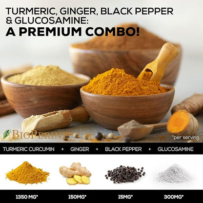 Turmeric Curcumin with BioPerine, Ginger & Glucosamine 95% Curcuminoids 2000mg Black Pepper for Max Absorption Joint Support, Nature's Tumeric Herbal Extract Supplement, Vegan, Non-GMO - 60 Capsules