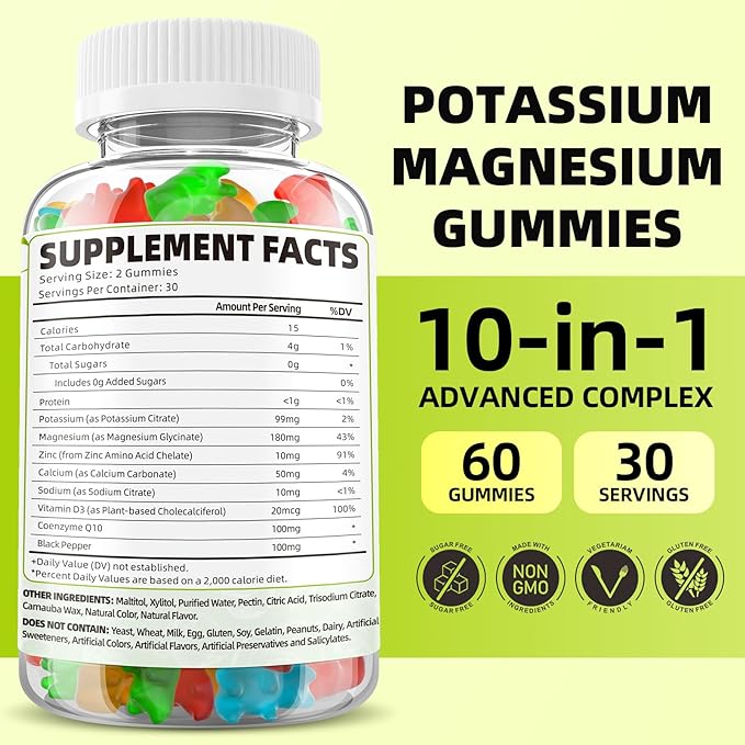 Potassium Magnesium Supplement Gummies, Potassium Gummies for Adults Kids, High Absorption Magnesium Glycinate for Leg Cramps & Immune Health, Sugar-Free, Vegan Mixed Flavors, 60 Count