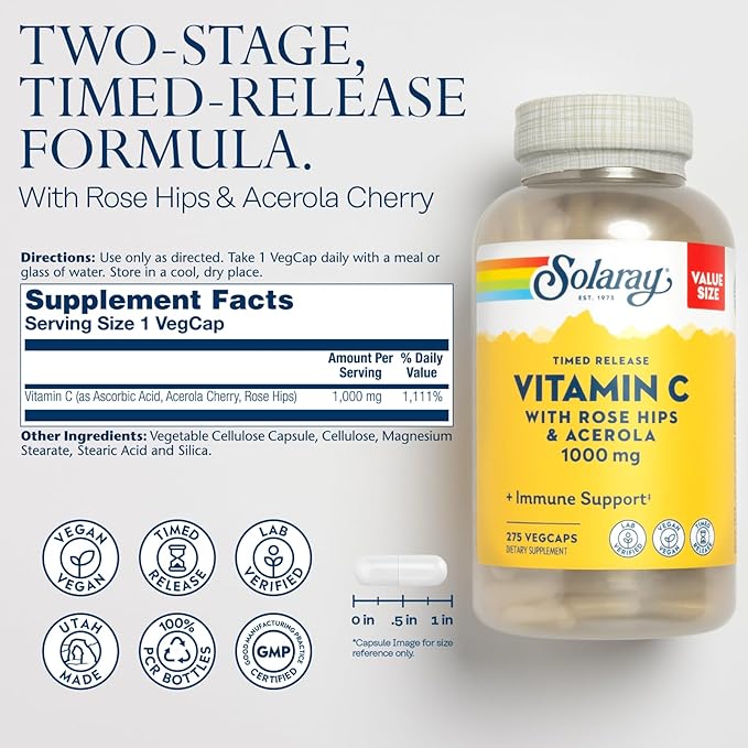 SOLARAY Vitamin C 1000mg Timed Release Capsules with Rose HIPS & Acerola Bioflavonoids, Two-Stage for High Absorption & All Day Immune Function Support, 60 Day Guarantee, 275 Servings, 275 VegCaps