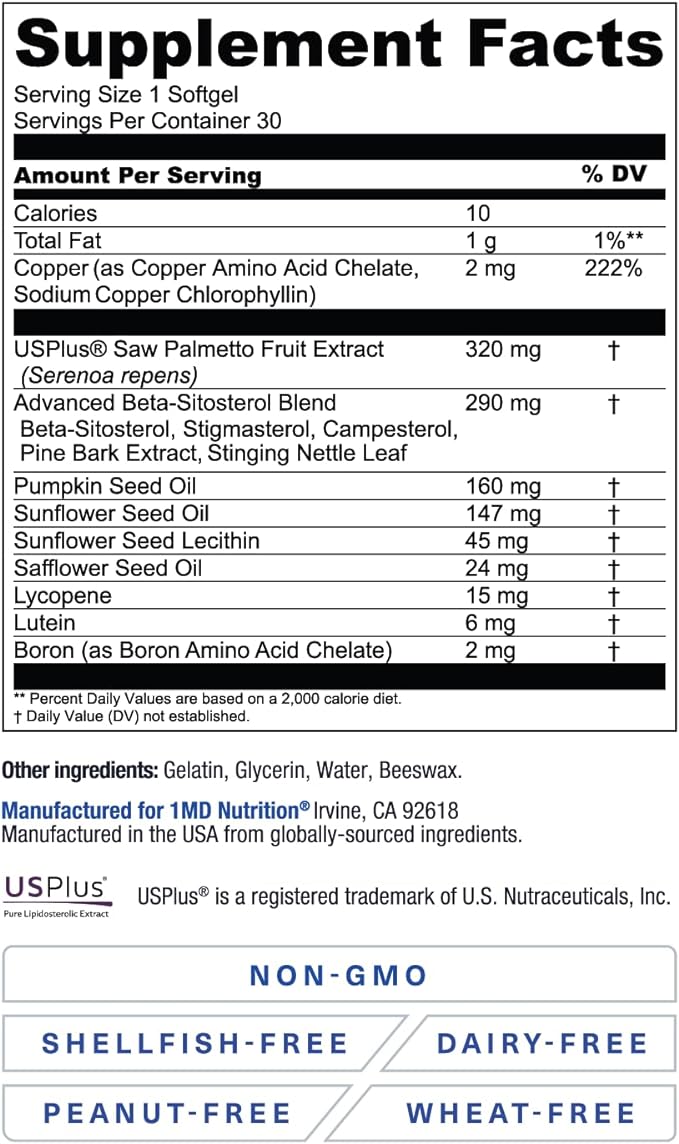 1MD Nutrition ProstateMD Saw Palmetto Prostate Support Supplement - Support for Urinary Tract and Frequent Bathroom Urges | 30 Day Supply