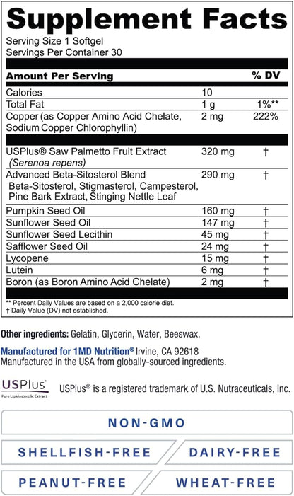 1MD Nutrition ProstateMD Saw Palmetto Prostate Support Supplement - Support for Urinary Tract and Frequent Bathroom Urges | 60 Softgels (2-Pack)