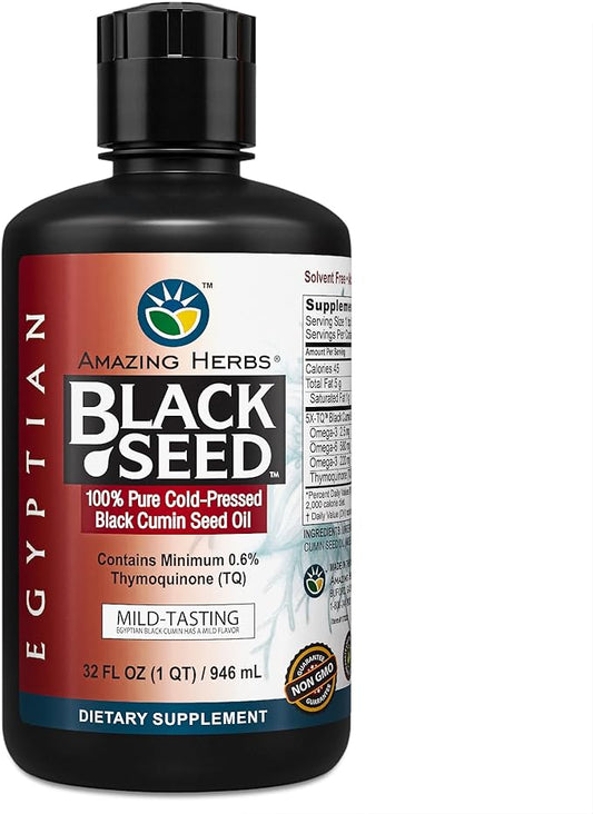 Amazing Herbs Egyptian Black Seed Oil - Gluten Free, Non GMO, Cold Pressed Nigella Sativa Aids in Digestive Health, Immune Support, Brain Function, Mild Flavor - 32 Fl Oz