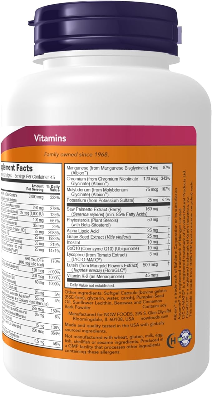 NOW Supplements, ADAM™ Men's Multivitamin with Saw Palmetto, Plant Sterols, Lycopene & CoQ10, 90 Softgels