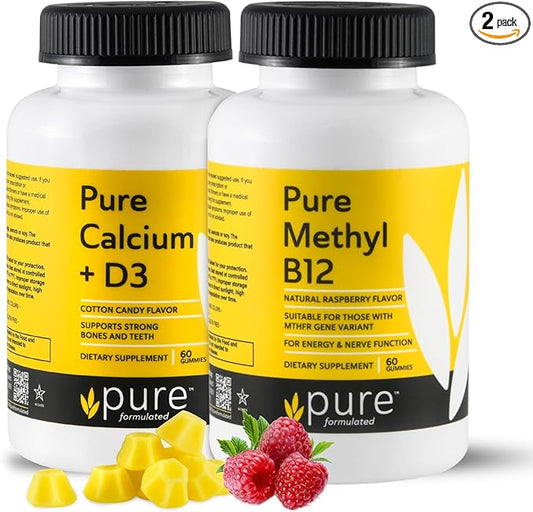 Calcium & Methyl B12 Vitamins (Cotton Candy & Natural Raspberry)- Ideal Chewable Gummies for Strong Bones & Nerve Function – 2 Bottles