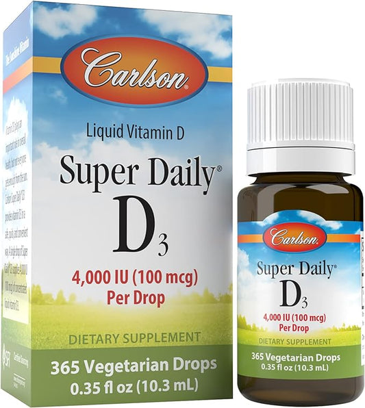 Carlson Super Daily D3 4,000 IU (100 mcg), Heart & Immune Health, Teeth & Bone Strength, Unflavored, 365 Drops