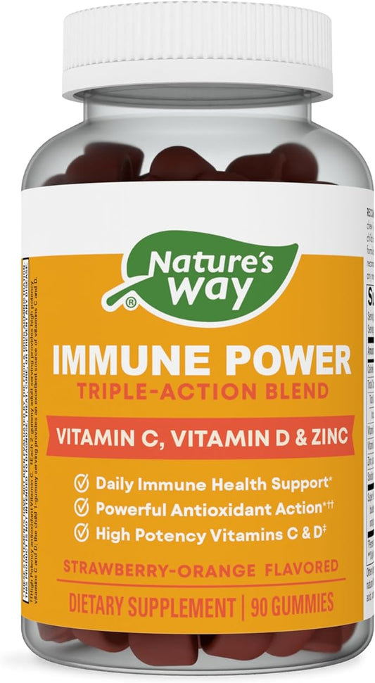 Nature's Way Immune Power, Triple Action Immune Support Blend*, Vitamins C and D, Zinc, Strawberry-Orange Flavored, 90 Gummies