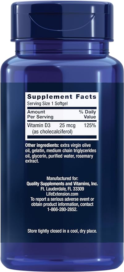 Life Extension Vitamin D3 25 mcg (1000 IU), Immune System Support, Bone Health, Whole-Body Health, Value Size, Gluten-Free, Non-GMO, 250 softgels