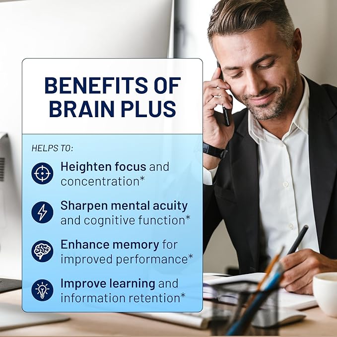 Plus - Brain Supplements for Memory & Focus | Nootropic to Support Concentration & Brain Health | Vitamin B1, Vitamin B6, Vitamin B12, Sunflower Lecithin Phosphatidylserine | 60 Vegan Capsules