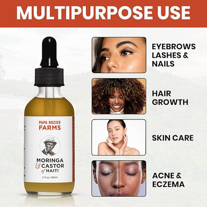 Papa Rozier Farms Moringa Oil & Castor Oil 50/50 Blend - How Mother Nature Would Want It - 2oz - 100% Pure - Cold Pressed - Hexane Free - For Hair, Skin, Eyelashes, Eyebrows & Nails