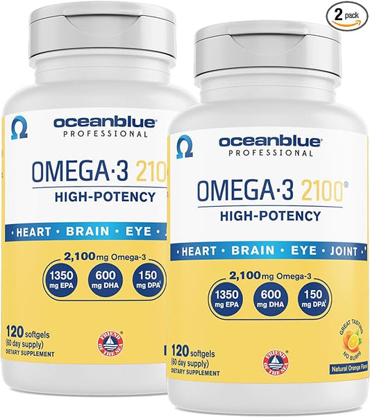 Oceanblue Professional Omega-3 2100 – 120 ct – 2 Pack – Triple Strength Burpless Fish Oil Supplement with High- Potency EPA, DHA, DPA – Wild-Caught – Orange Flavor (120 Servings)