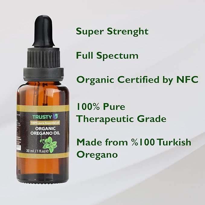 Trusty Organic Oregano Oil 30ml Super Concentrated USDA Organic Oil of Oregano Drops for Immune Support and Digestive Health - Vegan Non GMO 100% Pure Oregano Oil Drops for Kids and Adults