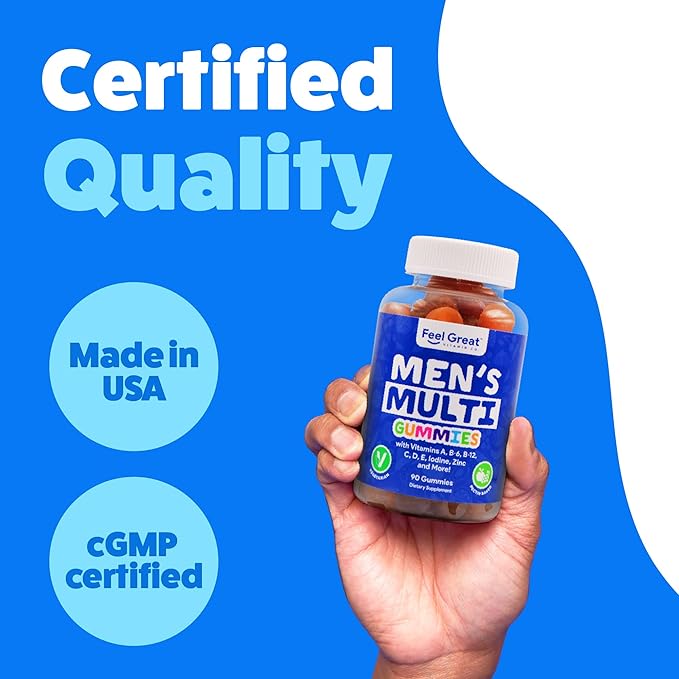 Feel Great Vitamin Co. Men's Multivitamin Gummies, Packed with Vitamin A, B-6, B-12, Biotin, C, D3, E, Iodine, Folic Acid, Zinc. Made in The USA. 45 Day Supply