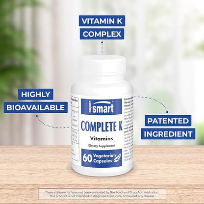 Supersmart - Complete K - with K1, K2 (MK4 + MK7) - Full Spectrum Vitamin K Supplement | Non-GMO & Gluten Free - 60 Vegetarian Capsules