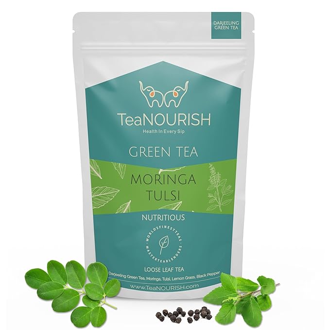 TeaNOURISH Moringa Tulsi Green Tea | Darjeeling Loose Leaf Tea | 100% Natural Moringa & Tulsi Leaves | Immune Support Tea - 3.53oz/100g