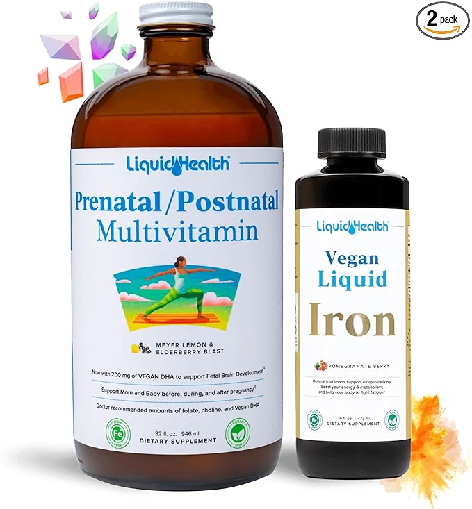 LIQUIDHEALTH Prenatal Baby Booster Pregnancy Vitamin Bundle - Vegan Women's Prenatal Multivitamin with SunActive & Ferrochel Iron, Folate, Whole Foods