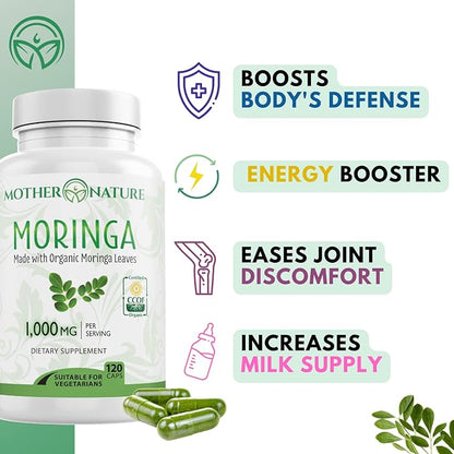 Moringa Capsules 1000mg, from Organic Certified Moringa Leaves Powder - Greens Superfood Supplement - Energy, Focus, Lactation Support, Vitamin C for Immune Support - Vegan, Non-GMO (120 Count)