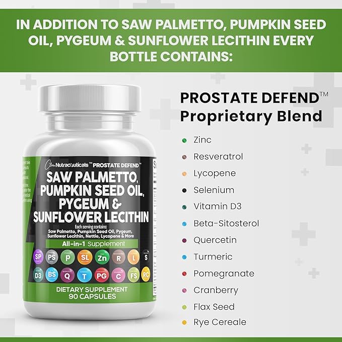 Clean Nutraceuticals Saw Palmetto 10000mg Pumpkin Seed Oil 3000mg Pygeum 3000mg Sunflower Lecithin 3000mg Stinging Nettle Cranberry - Prostate Supplements for Men with Lycopene - 90 Caps