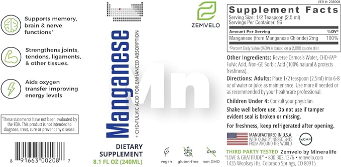 Liquid Ionic Manganese Supplement | Joint, Energy, Muscle Support | Women's Health | Men's Health | Adult Supplement for Healthy Aging