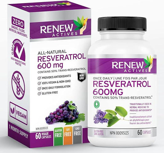 Renew Actives Optimized Resveratrol Supplement: 600mg Natural Resveratrol Complex Supplements with 50% Trans Resveratrol - Provides High Antioxidants - 60 Vegan Capsules