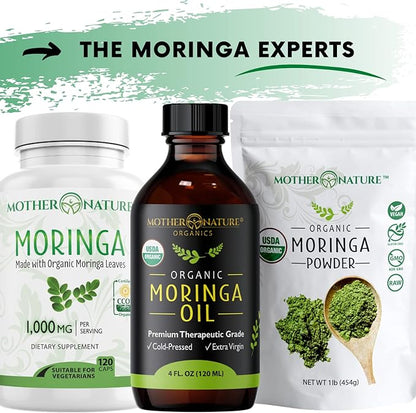 Moringa Capsules 1000mg, from Organic Certified Moringa Leaves Powder - Greens Superfood Supplement - Energy, Focus, Lactation Support, Vitamin C for Immune Support - Vegan, Non-GMO (120 Count)