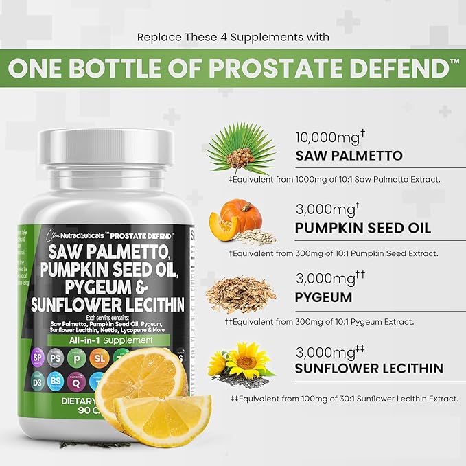 Clean Nutraceuticals Saw Palmetto 10000mg Pumpkin Seed Oil 3000mg Pygeum 3000mg Sunflower Lecithin 3000mg Stinging Nettle Cranberry - Prostate Supplements for Men with Lycopene - 90 Caps