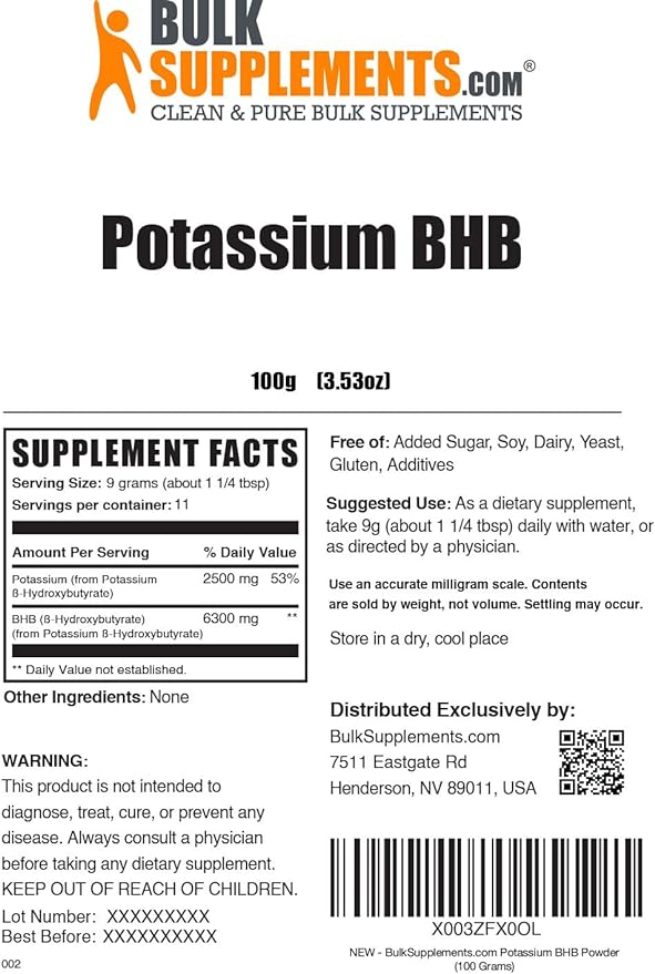 BulkSupplements.com Potassium BHB Powder - Beta-HydroxyButyrate Powder, BHB Salts, BHB Supplement - Electrolytes Supplement, Gluten Free, 9g per Serving, 100g (3.5 oz) (Pack of 1)